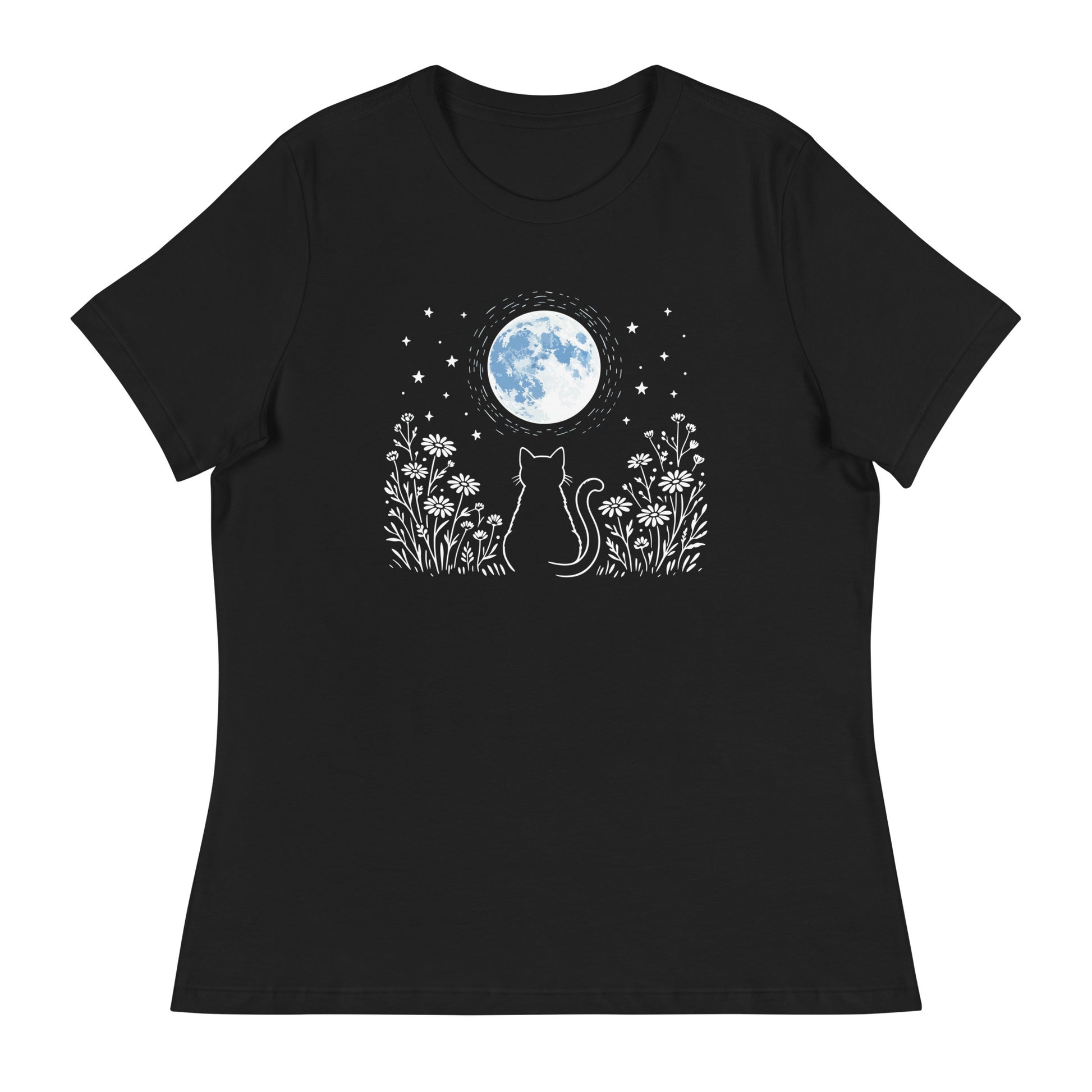 Black t-shirt with a cat and moon design on a white background