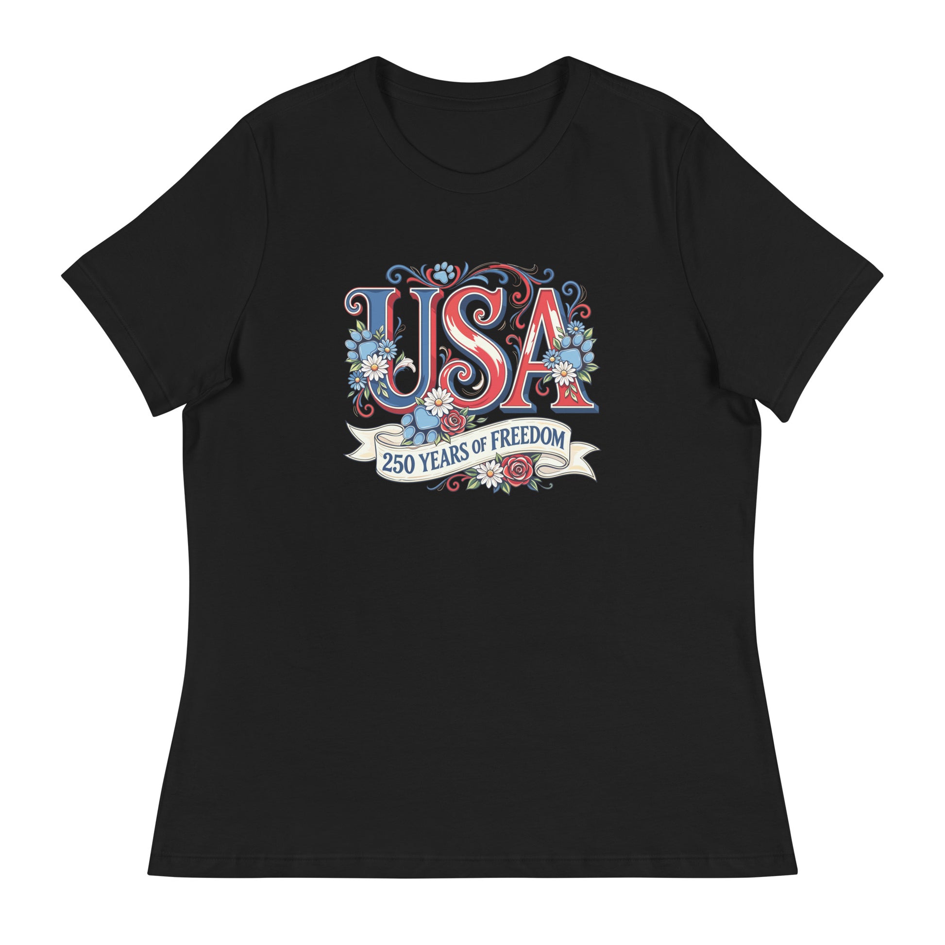 Black t-shirt with 'USA 250 Years of Freedom' design on a white background