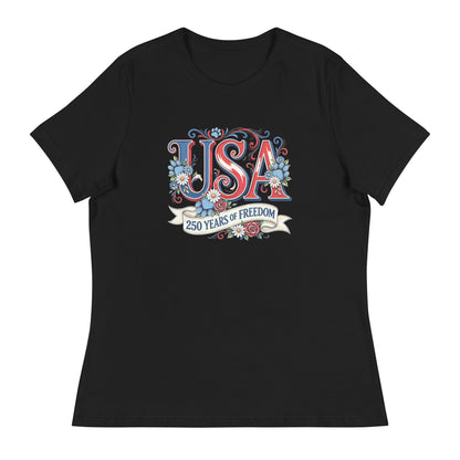 Black t-shirt with 'USA 250 Years of Freedom' design on a white background