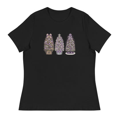 A black short-sleeve crewneck t-shirt featuring a graphic print of three decorated Christmas trees in the center, displayed on a clean white background.