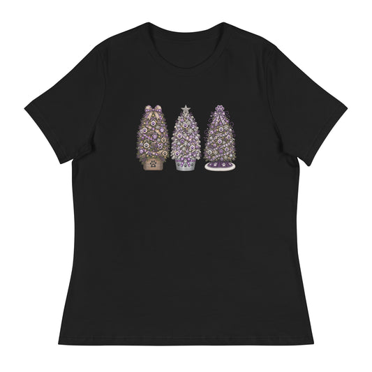A black short-sleeve crewneck t-shirt featuring a graphic print of three decorated Christmas trees in the center, displayed on a clean white background.