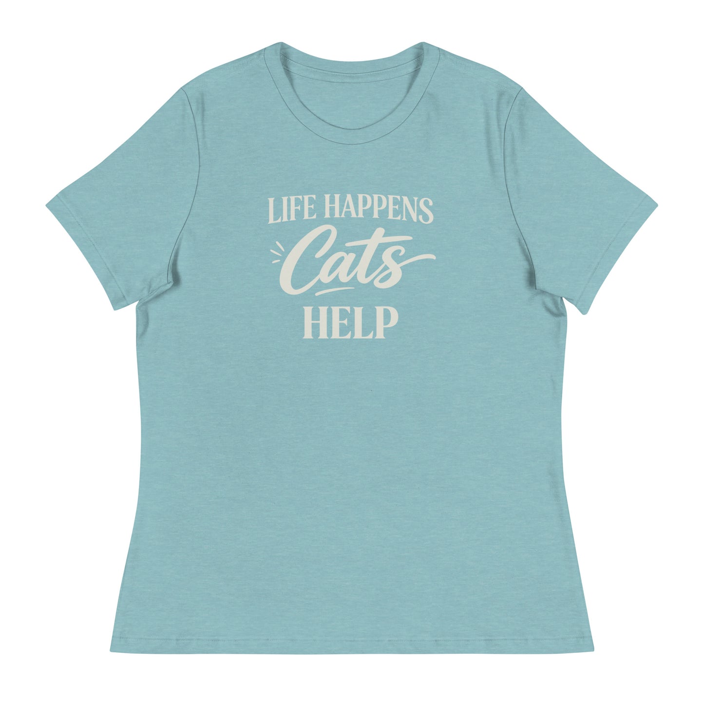 Light blue t-shirt with 'Life happens. Cats help.' text on a white background