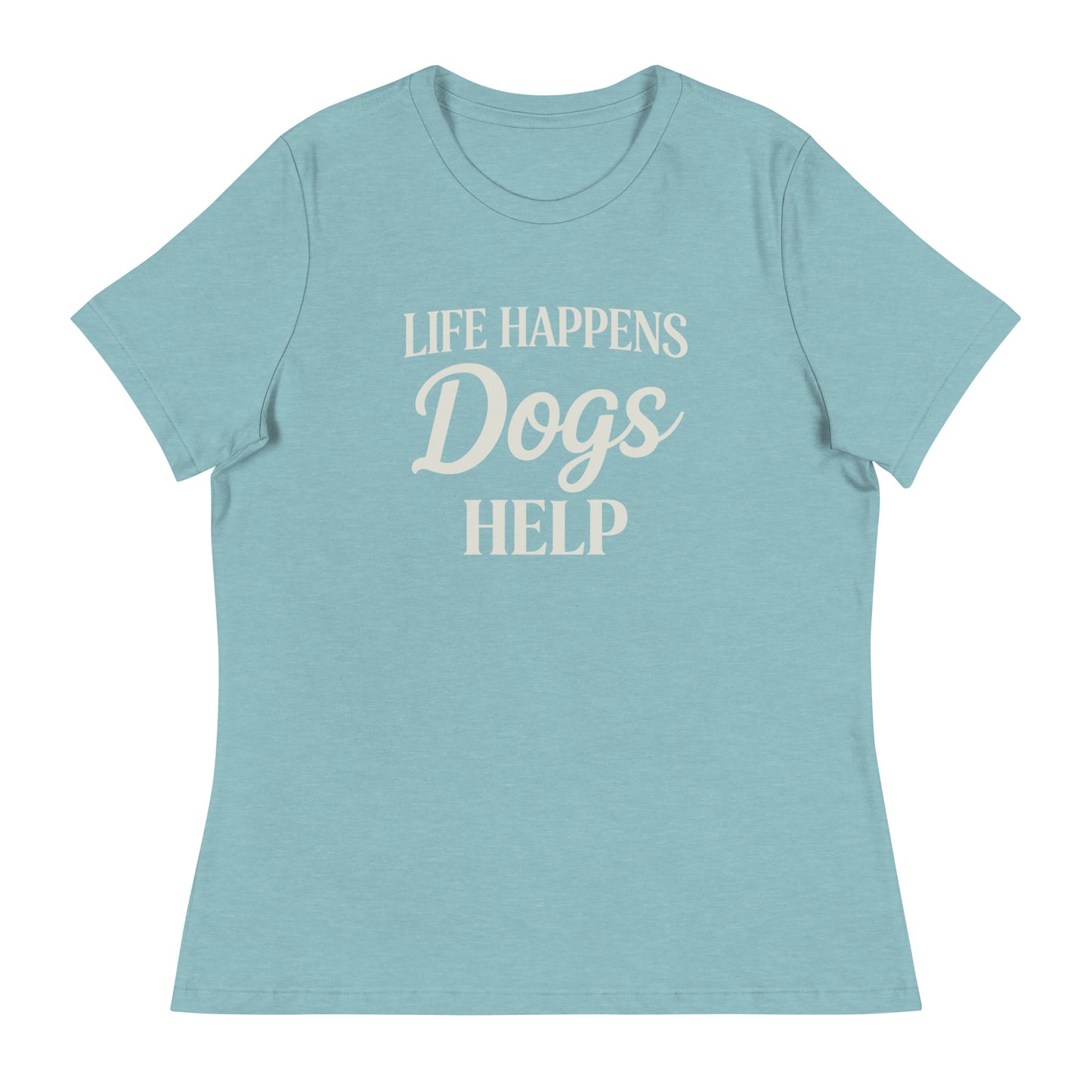 Light blue t-shirt with 'Life Happens Dogs Help' text on a white background