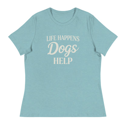 Light blue t-shirt with 'Life Happens Dogs Help' text on a white background