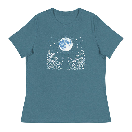 Blue t-shirt with a cat and moon design on a white background