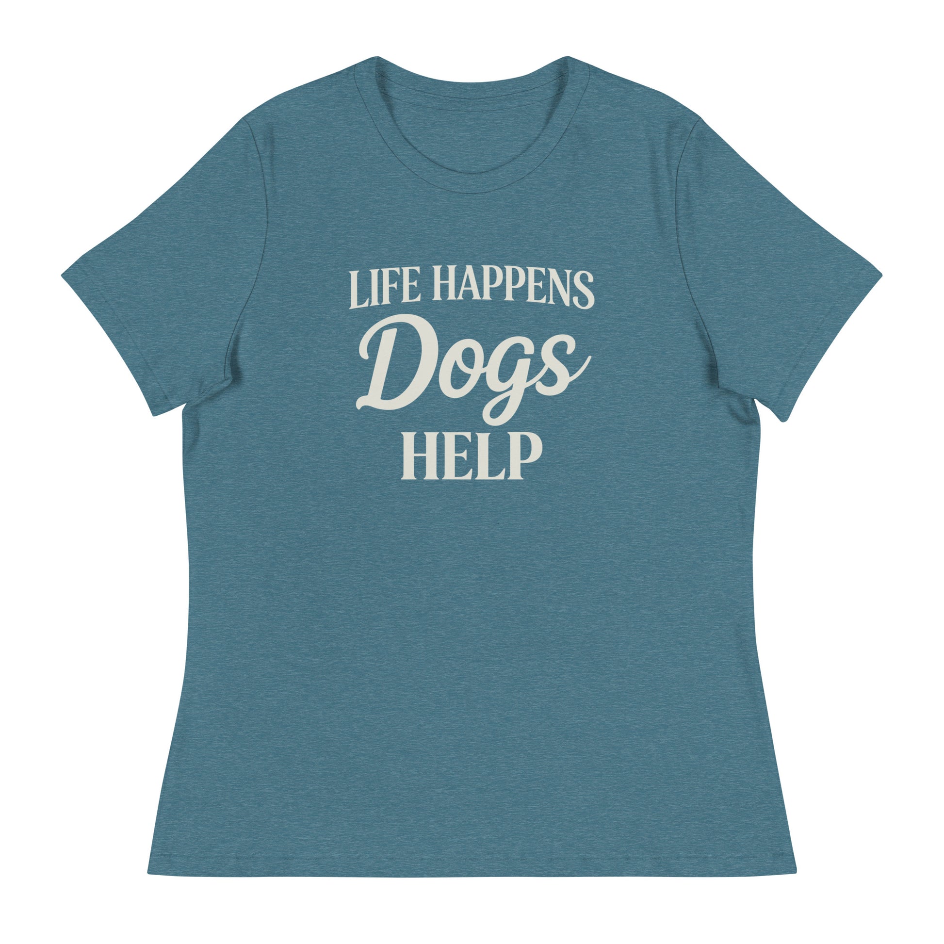 Blue t-shirt with 'Life Happens Dogs Help' text on a white background