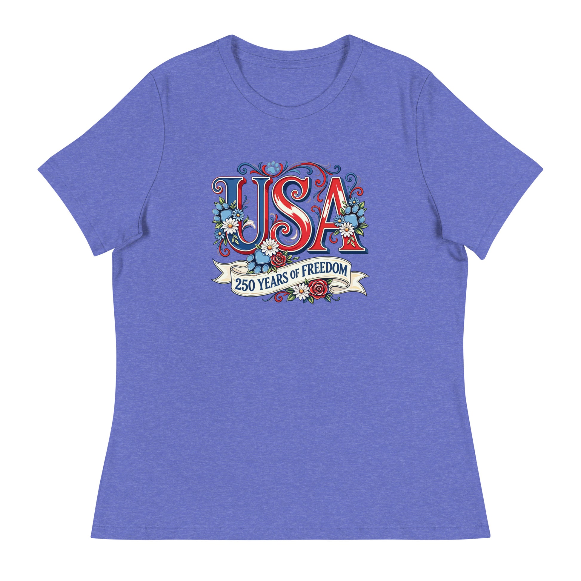 Blue t-shirt with 'USA 250 Years of Freedom' design on a white background