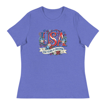 Blue t-shirt with 'USA 250 Years of Freedom' design on a white background