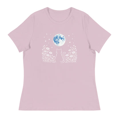 Pink t-shirt with a cat and moon design on a white background