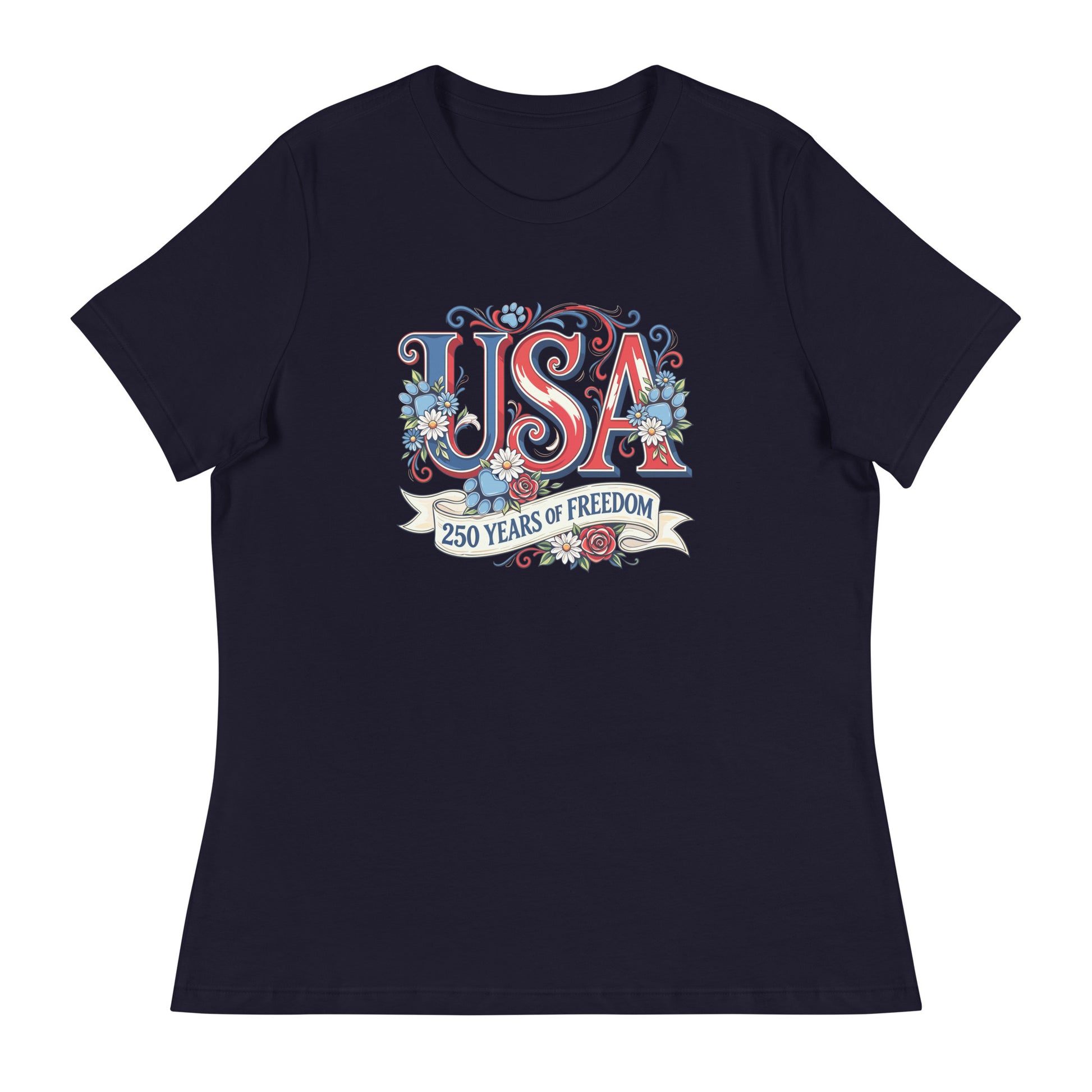 Navy blue t-shirt with 'USA 250 Years of Freedom' design on a white background