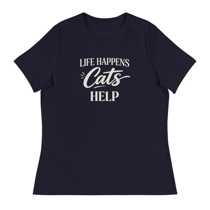 Navy blue t-shirt with 'Life Happens Cats Help' graphic design on a white background
