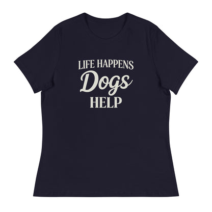 Navy blue t-shirt with 'Life Happens Dogs Help' text on a white background