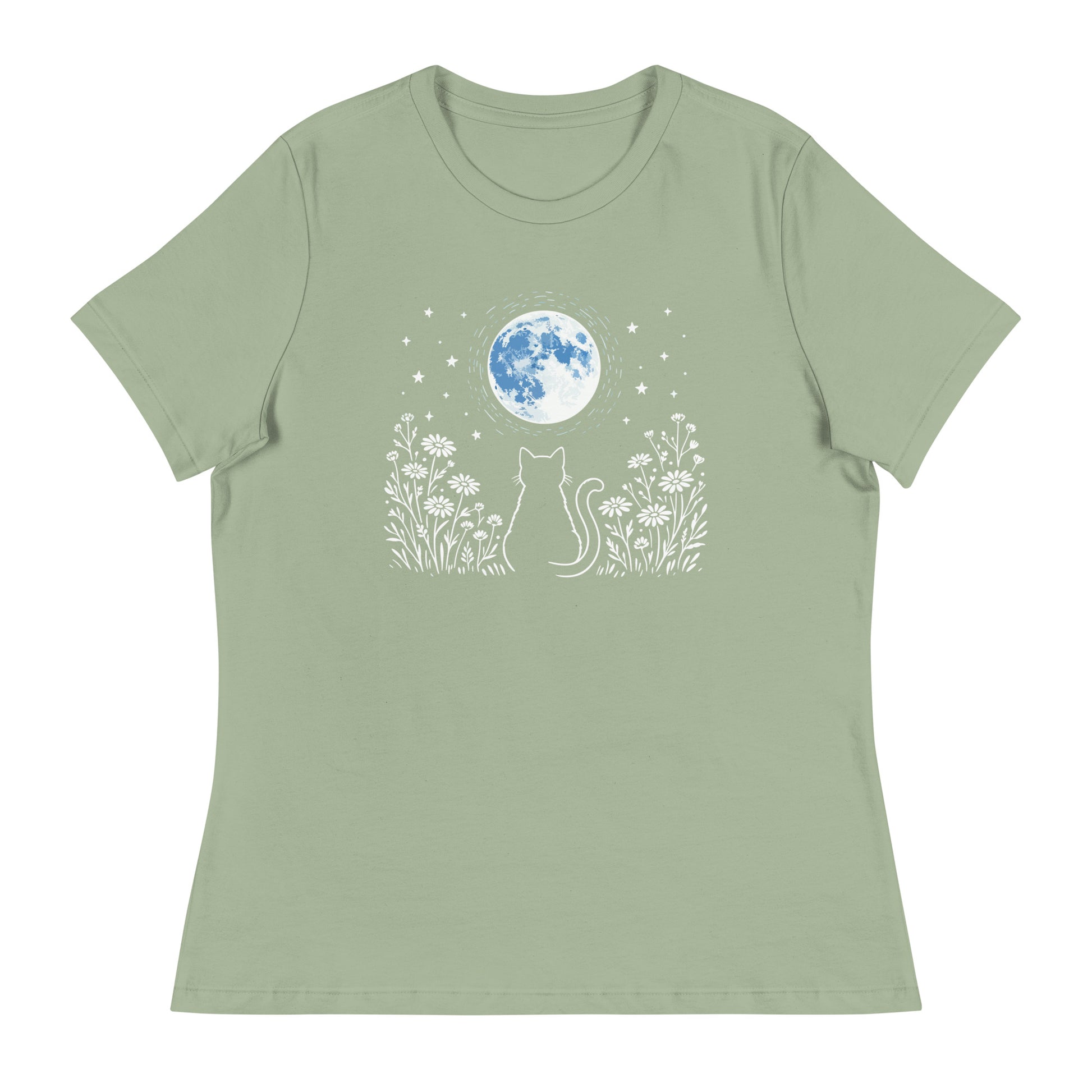 Sage green t-shirt with a cat and moon design on a white background