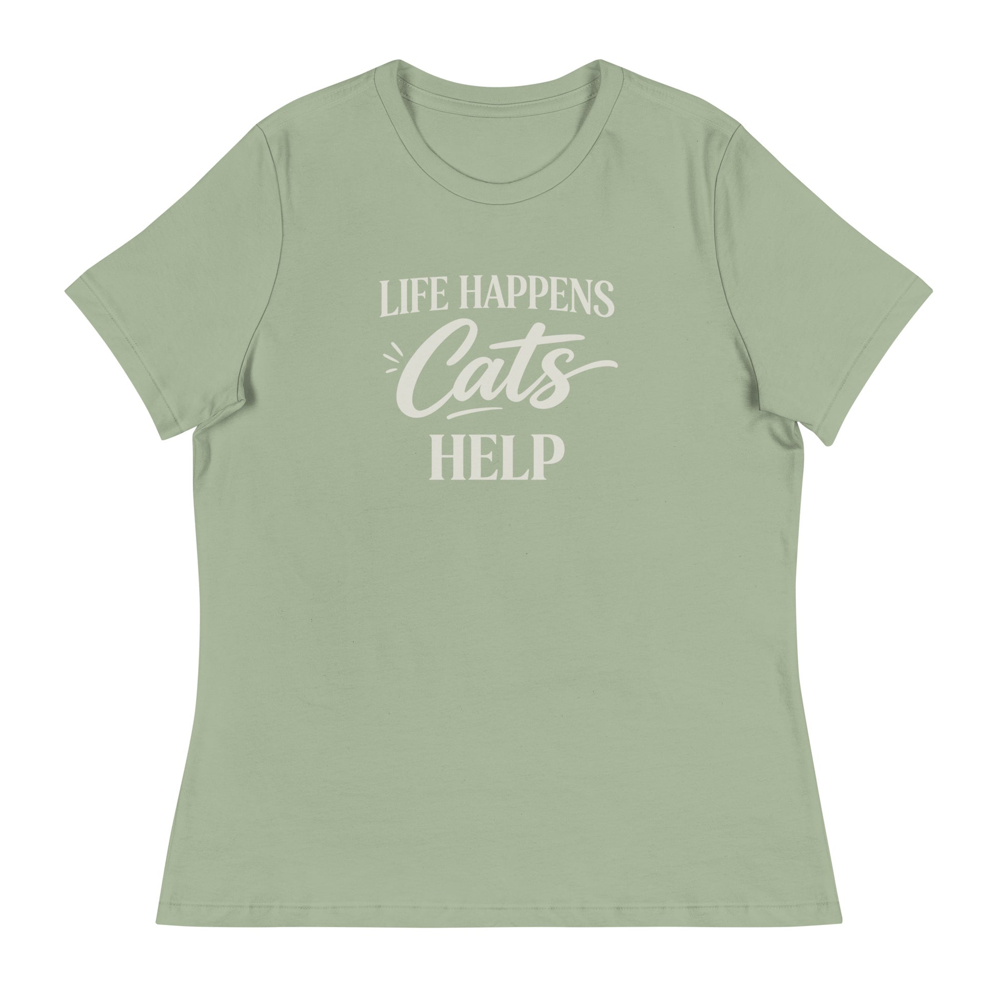 Sage green t-shirt with 'Life Happens, Cats Help' text on a white background