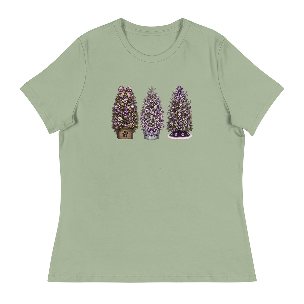 A sage green short-sleeve crewneck t-shirt featuring a graphic print of three decorated Christmas trees in the center chest area, shown against a plain white background.