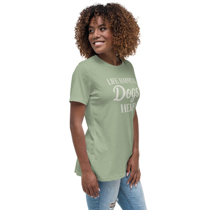 Woman wearing a green t-shirt with text on a white background