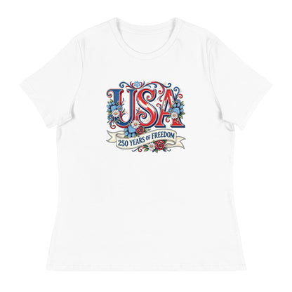 White t-shirt with 'USA 250 Years of Freedom' design on a white background