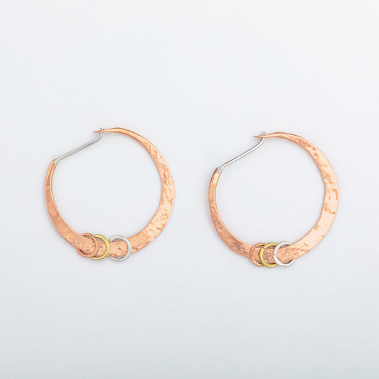 Hammered Sterling, Brass & Copper Hoop Earrings