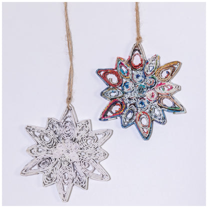 Recycled Magazine Snowflake Ornaments - Set of 2