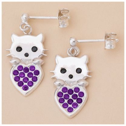 Cat & Heart Birth Month Sterling Earrings