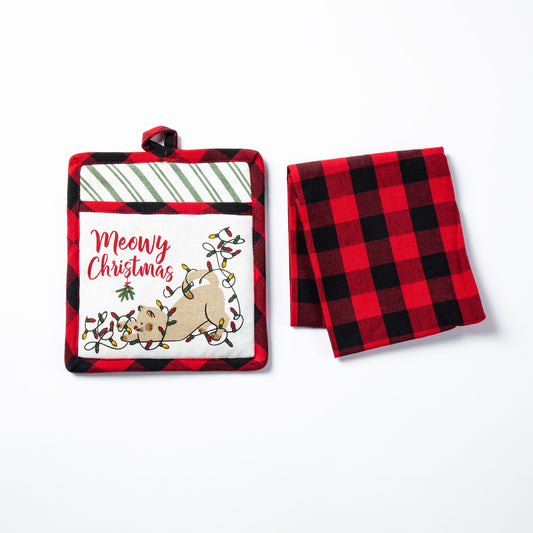 Meowy Christmas Pot Holder & Dish Towel Gift Set