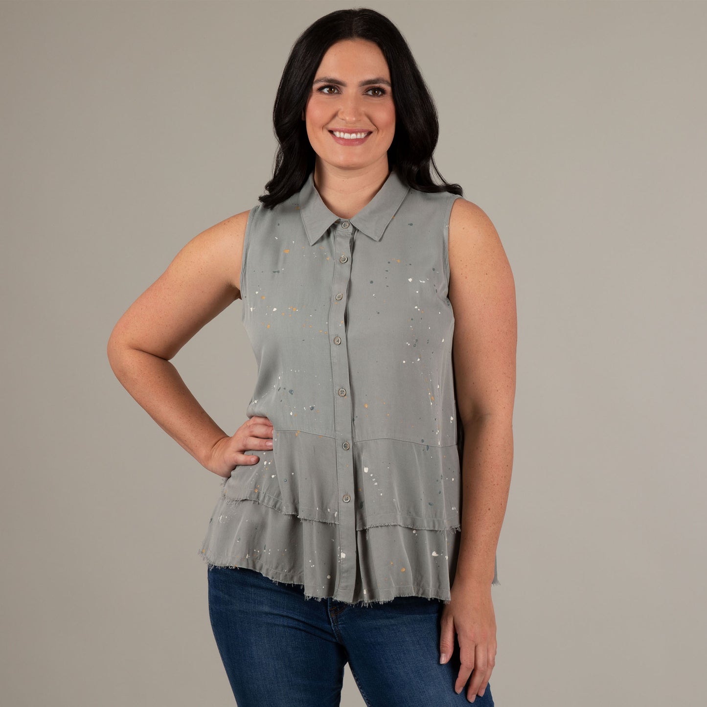 Speckled Sleeveless Button Up Peplum Top