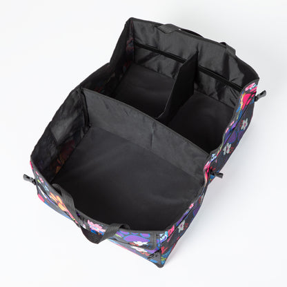 View from above showing the 3 large compartments of the paw printed car trunk organizer.