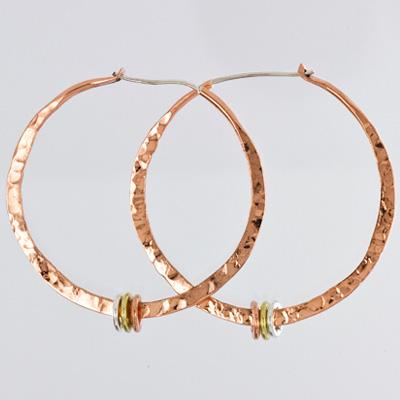 Hammered 40mm Sterling, Brass & Copper Hoop Earring