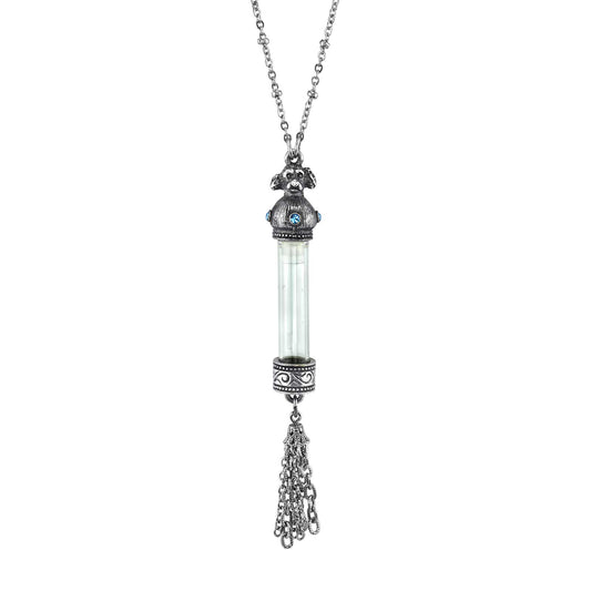 1928 Jewelry&reg; Antiqued Pewter Blue Crystal Cat Vial Tassle Necklace 30In