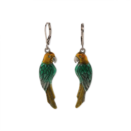 1928 Jewelry&reg; Silver Tone Green/Yellow  Hand Enamel Parrot Earrings