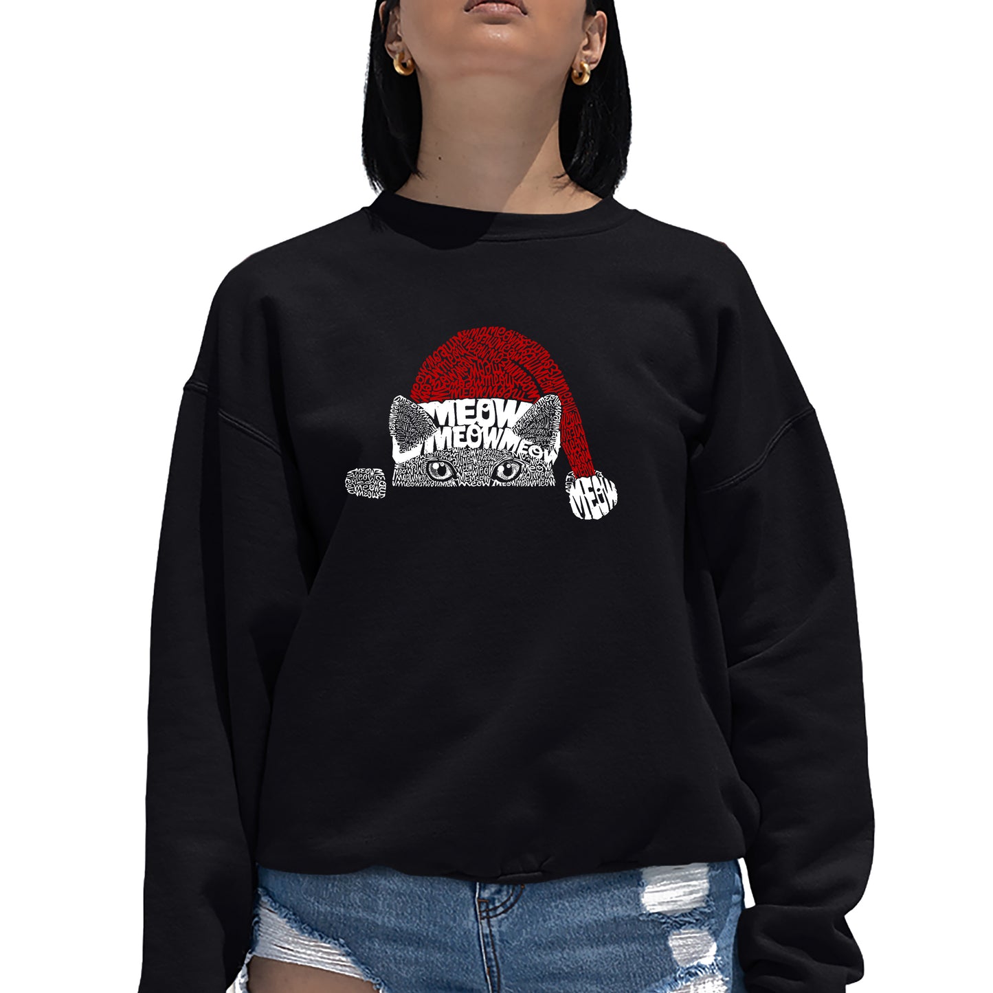 Christmas Peeking Cat - Women's Word Art Crewneck Sweatshirt