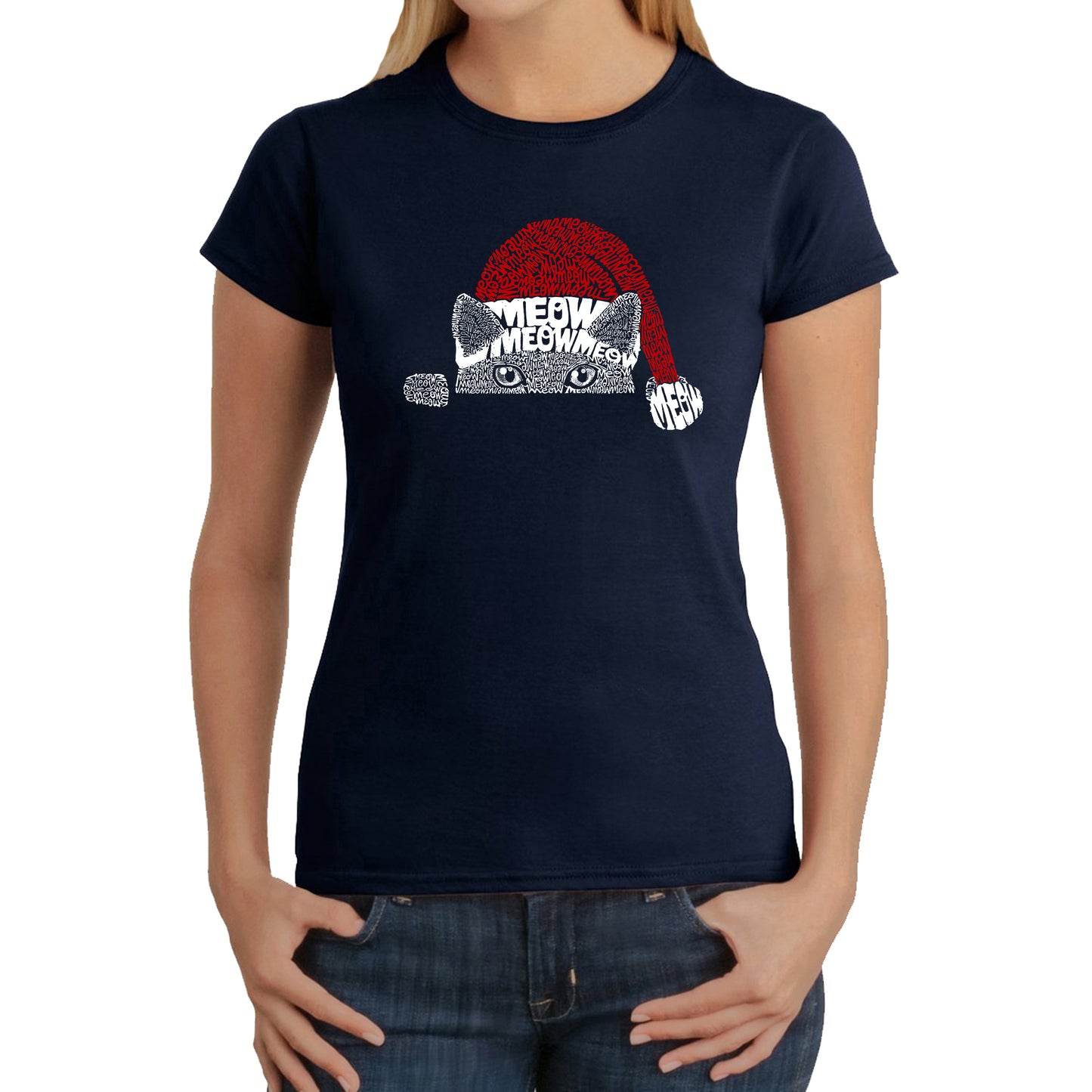 Christmas Peeking Cat - Women's Word Art T-Shirt