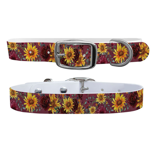 Merlot Sunflowers Dog Collar With Silver Buckle