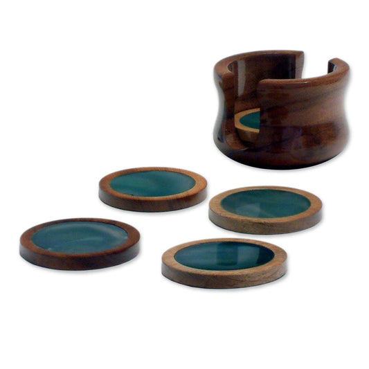 Amazon Emerald 6 Dark Green Agate and Cedar Coasters with Stand