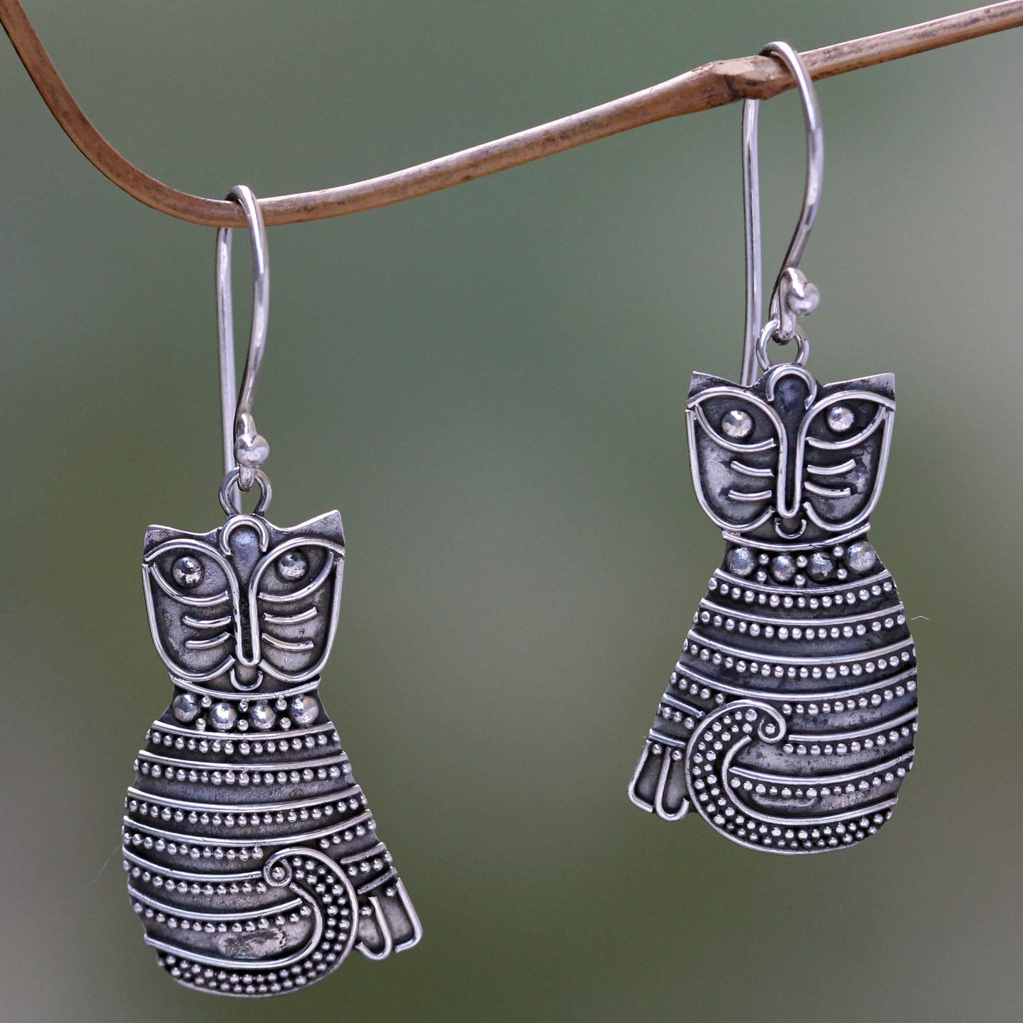 NOVICA - Silver 'Balinese Cat' Dangle Earrings