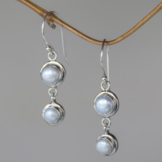 Two Full Moons Pearl & Silver Drop Earrings