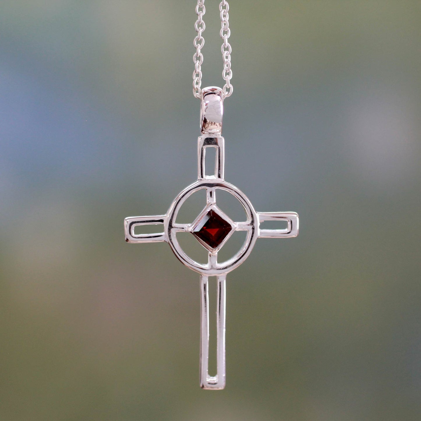 Celtic Cross Sterling Silver and Garnet Pendant Necklace