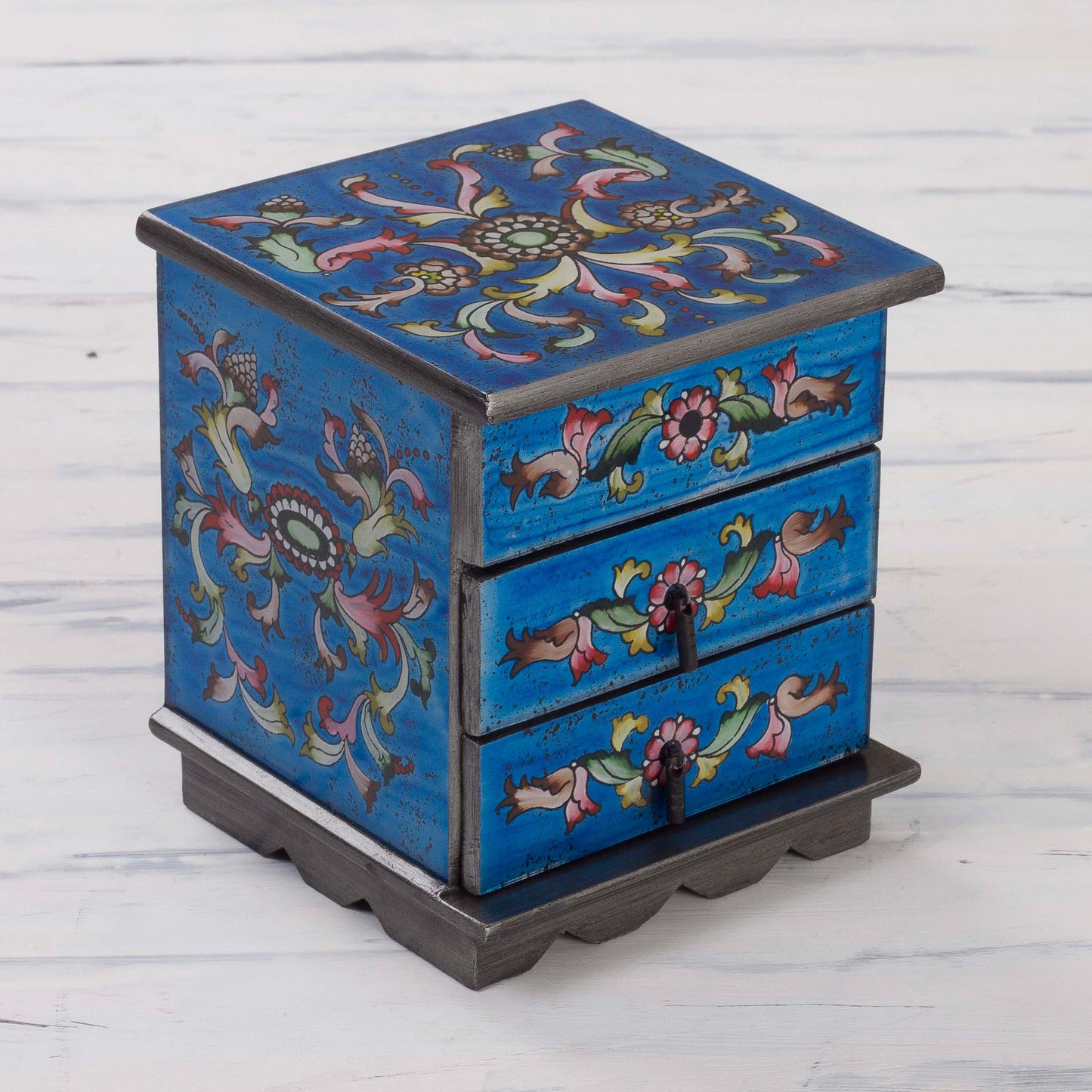 Celestial Blue Reverse Painted Glass Jewelry Box Chest with Mirror