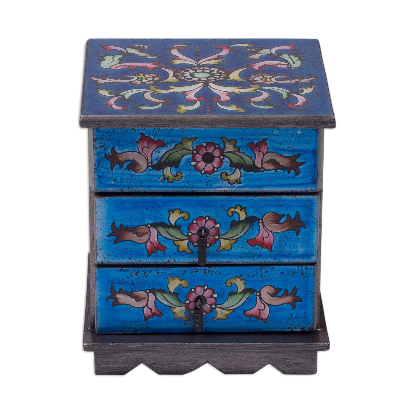 Celestial Blue Reverse Painted Glass Jewelry Box Chest with Mirror