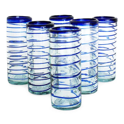 Cobalt Spiral Hand Blown Drinking Glasses Blue Accent Set of 6