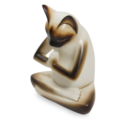 Meditating Kitty Albesia Wood Sculpture