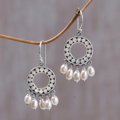 White Moon Aura Pearl & Silver Chandelier Earrings