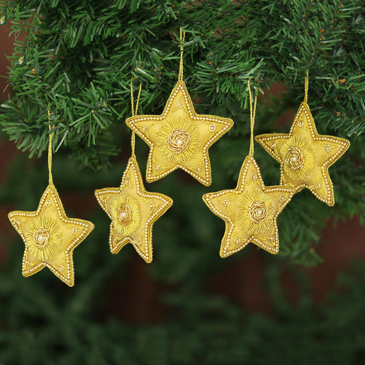 Dazzling Golden Stars Hand Beaded Set of 5 Ornaments