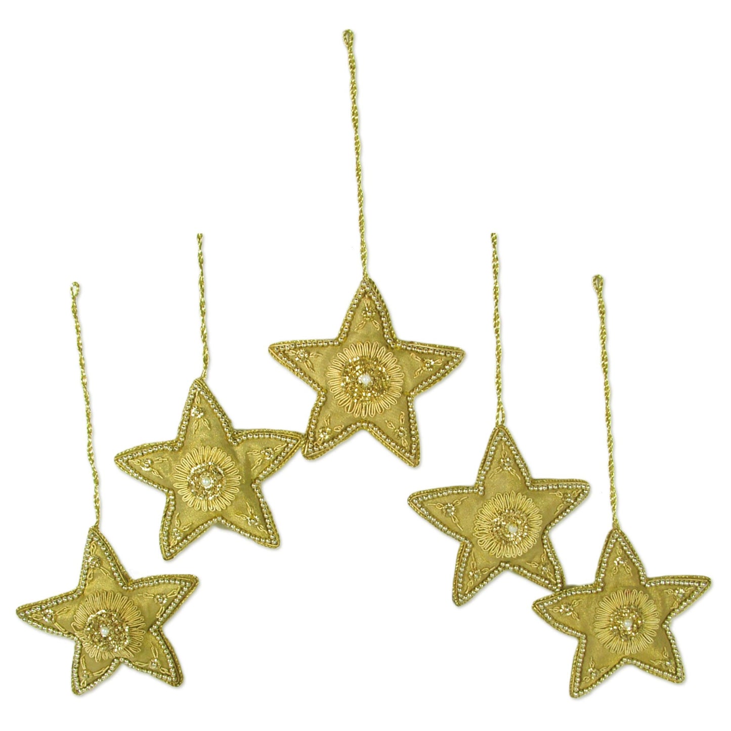 Dazzling Golden Stars Hand Beaded Set of 5 Ornaments