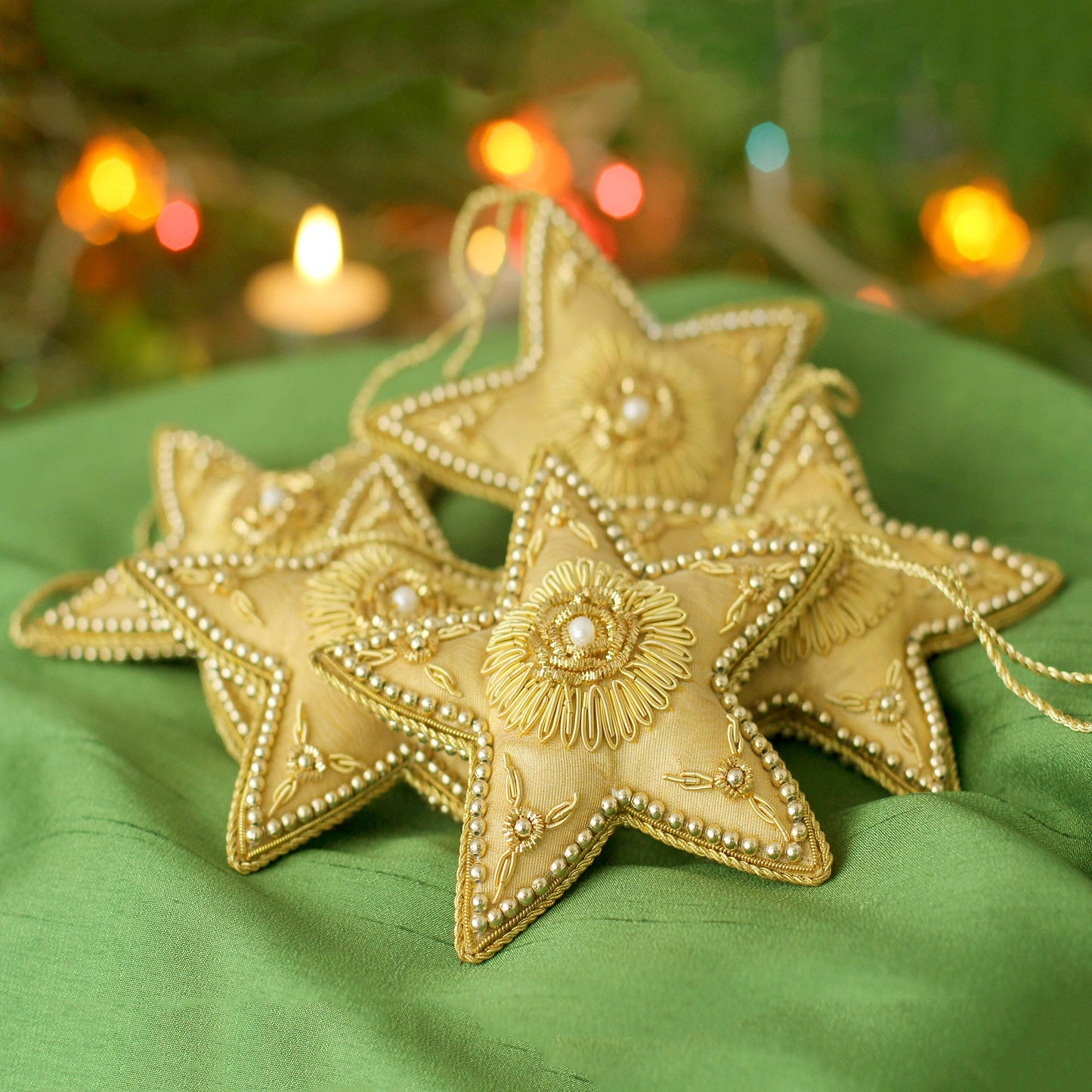 Dazzling Golden Stars Hand Beaded Set of 5 Ornaments