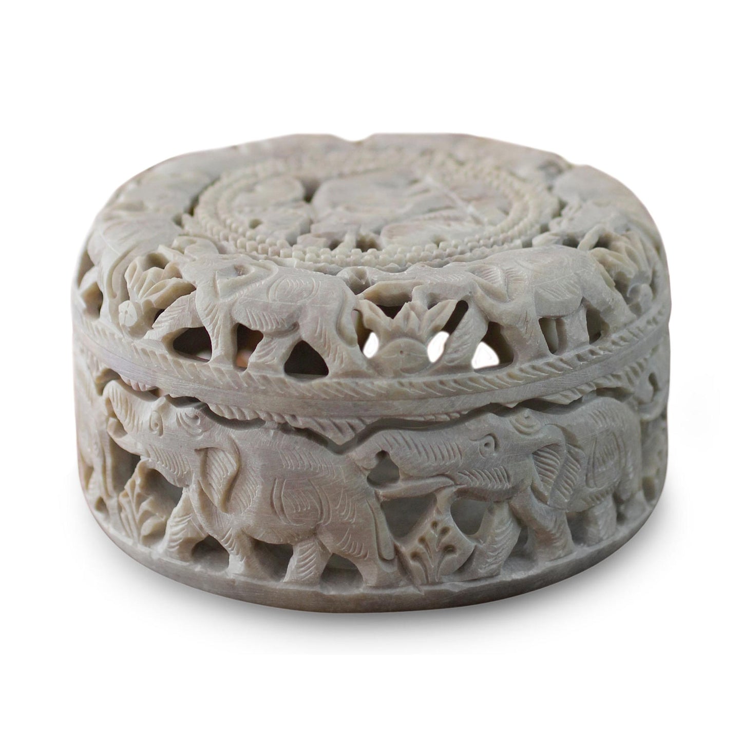 Elephant Procession Artisan Crafted Jali Soapstone Jewelry Box
