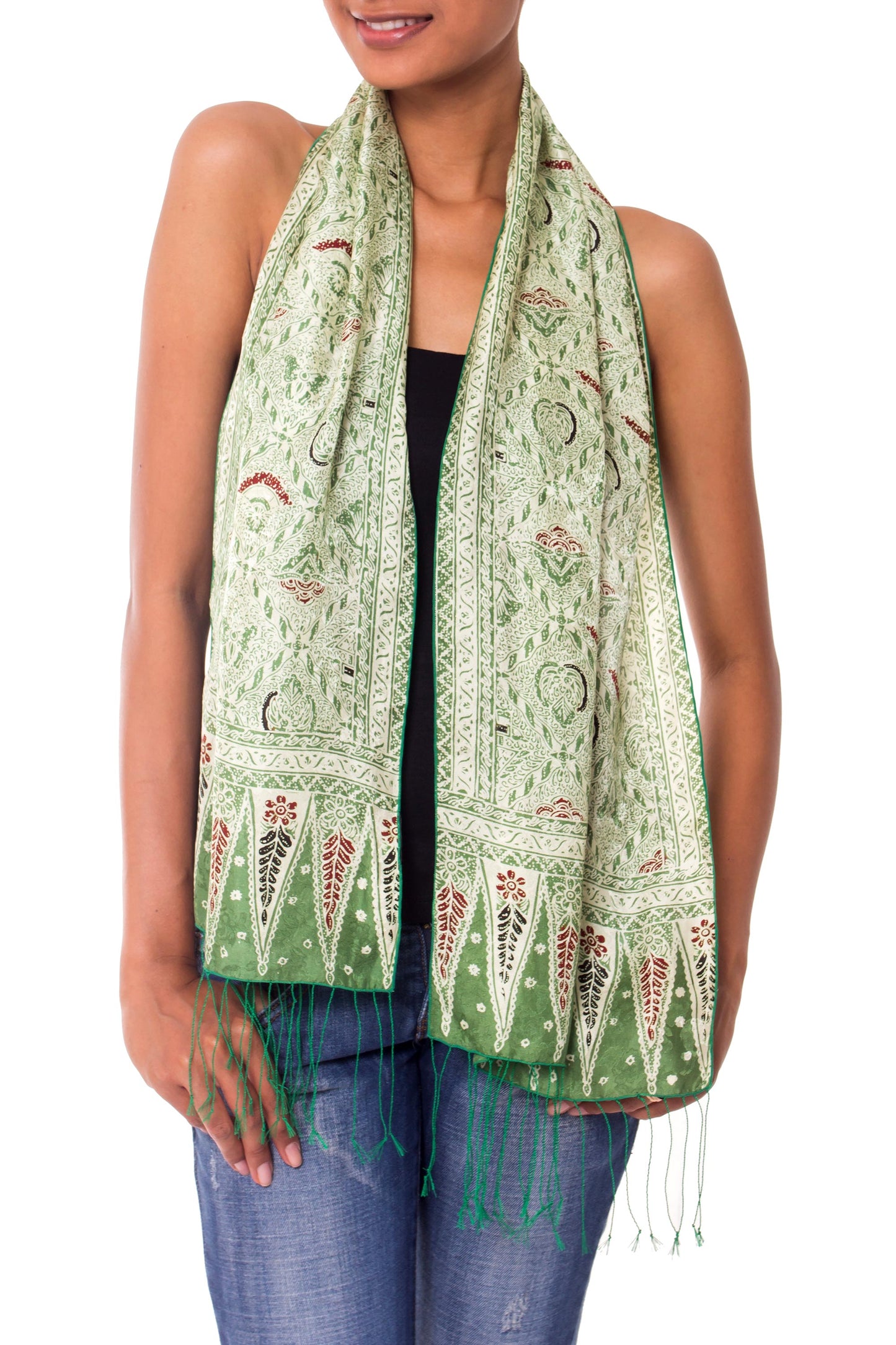 Royal Java Green Hand Made Floral Silk Batik Scarf