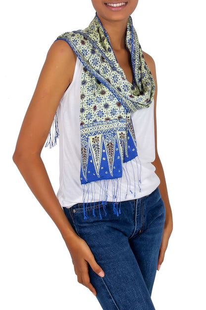 Blue Jasmine Silk Hand Stamped Batik Scarf