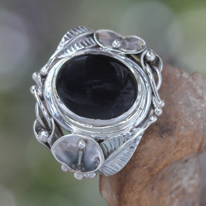 Nest of Lilies Onyx & Silver Cocktail Ring