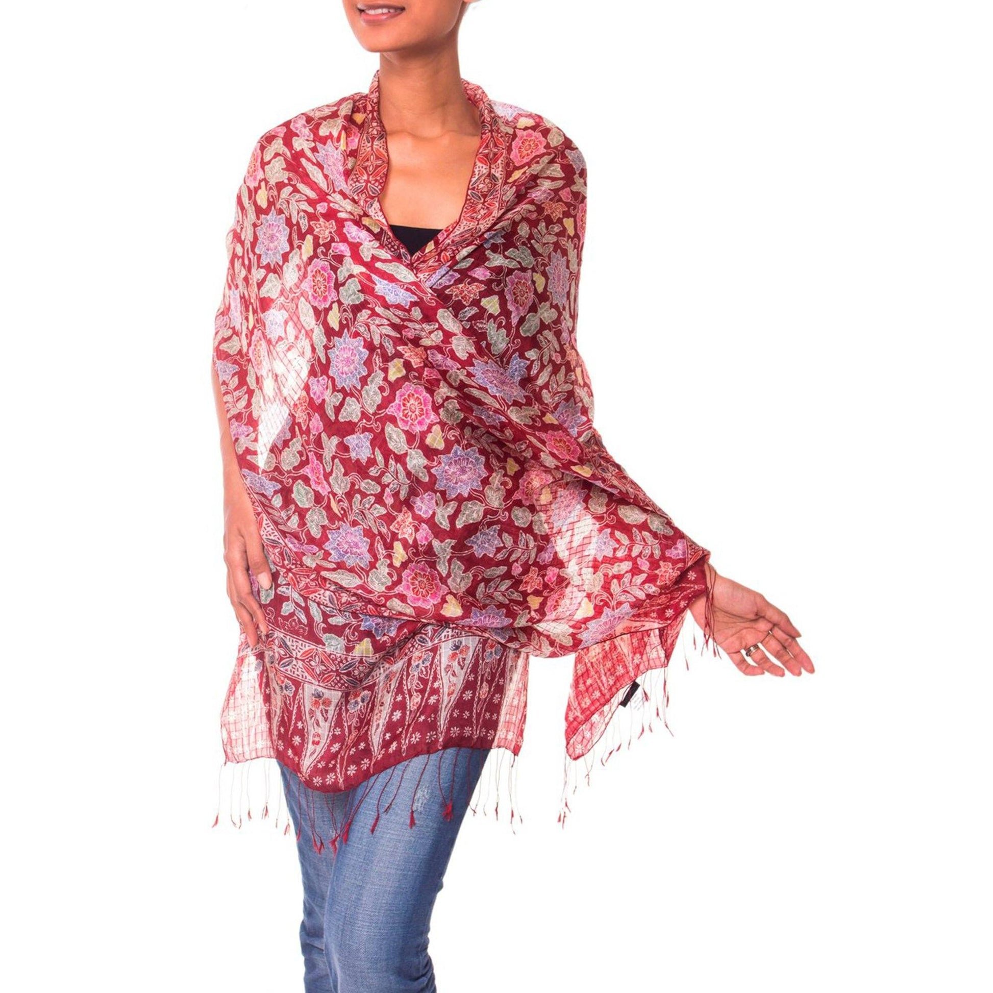 NOVICA - Floral Silk Batik Shawl